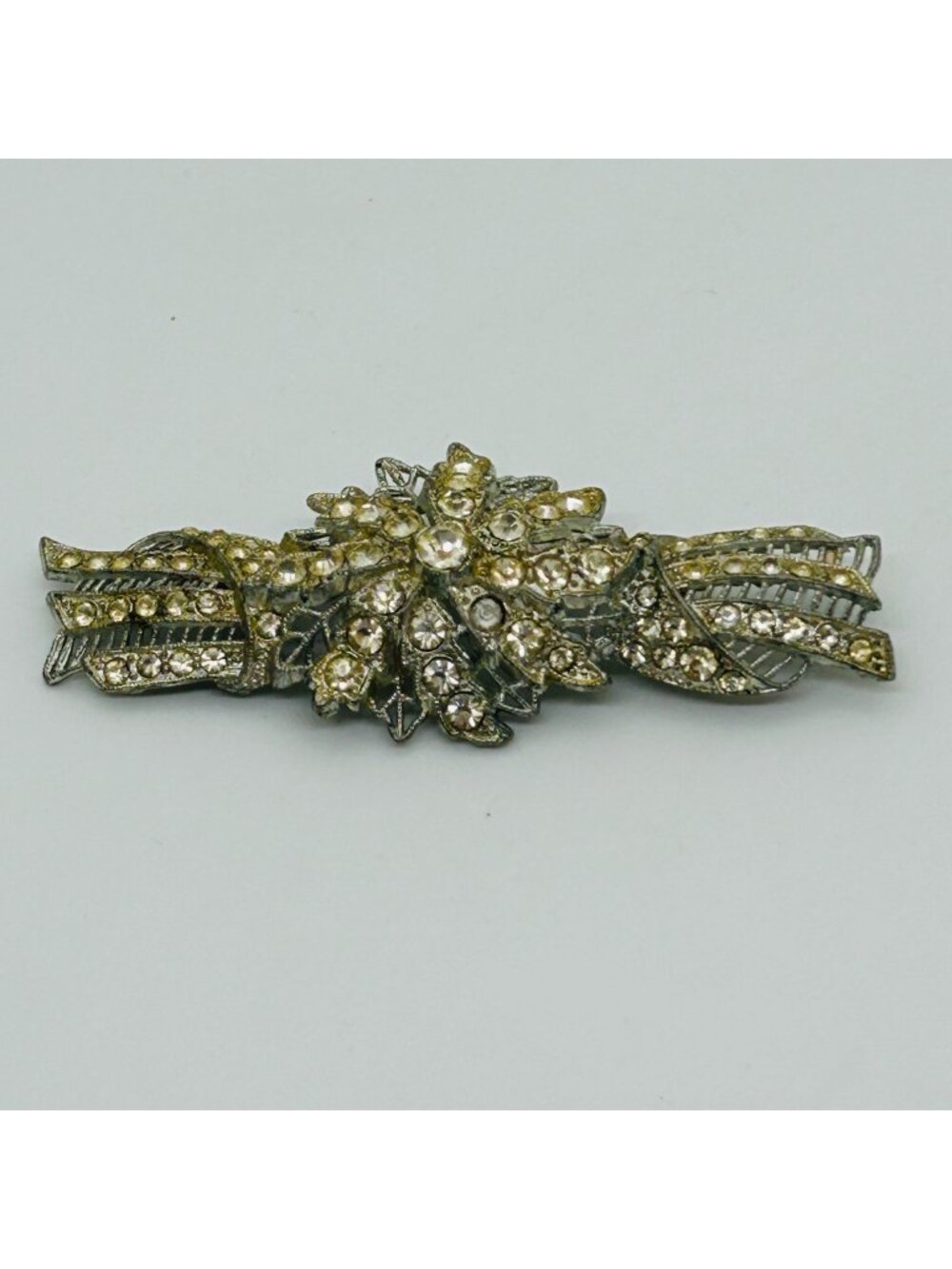 Pot Metal Paste Stone Floral Ribbon Brooch Silver Tone Art Deco Vintage Pin READ